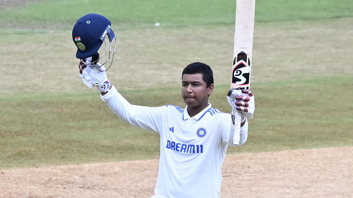 Vaibhav Sooryavanshi raises bat after century